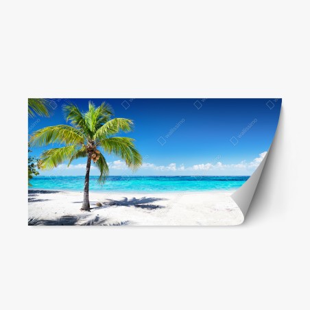 Pegatina reposicionable playa tropical con palmera y mar turquesa – Pixers®