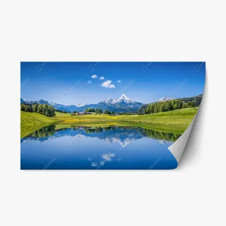 Pegatina reposicionable paisaje alpino con lago y reflejo – Pixers®