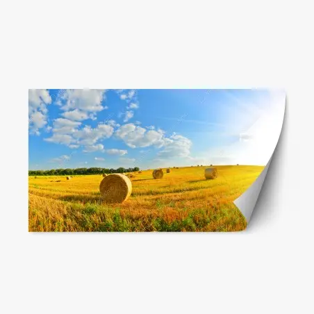 Pegatina reposicionable puesta de sol en el campo con pacas de heno – Pixers®
