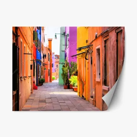 Pegatina reposicionable callejón de fachadas coloridas – Pixers®