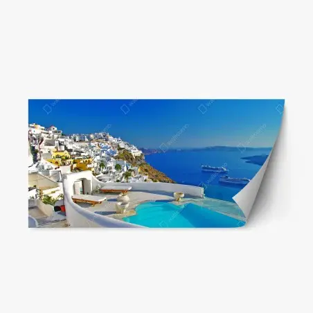 Pegatina reposicionable panorámica de Santorini con piscina infinita y vistas al mar – Pixers®