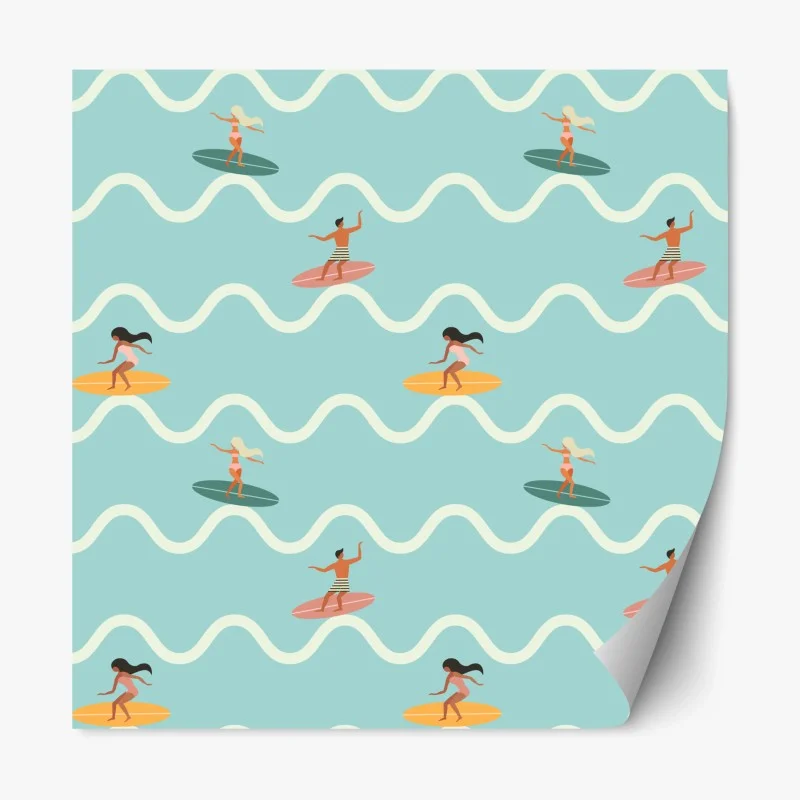 Pegatina reposicionable estampado de surfistas y olas en tonos pastel