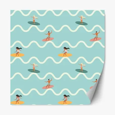 Pegatina reposicionable estampado de surfistas y olas en tonos pastel – Pixers®