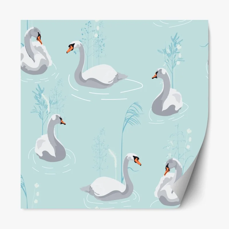 Pegatina reposicionable cisnes en estanque azul pastel