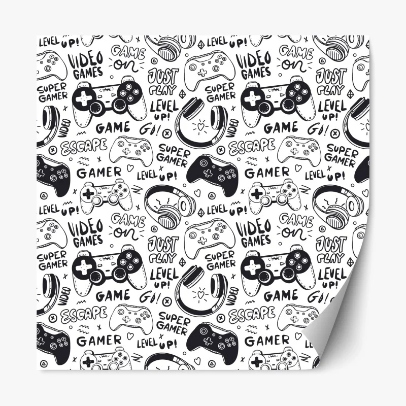 Pegatina reposicionable patrón de videojuegos en estilo doodle blanco y negro
