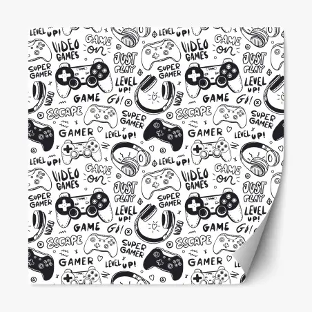 Pegatina reposicionable patrón de videojuegos en estilo doodle blanco y negro – Pixers®