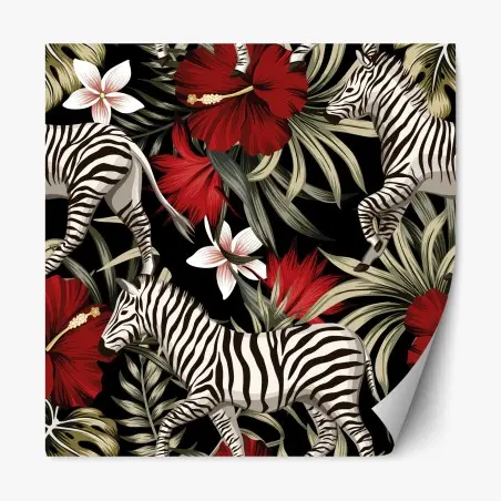 Pegatina reposicionable estampado tropical con cebras y hibiscos – Pixers®