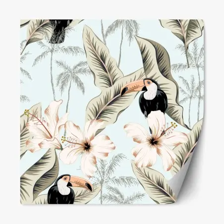 Pegatina reposicionable paisaje tropical con tucanes e hibiscos – Pixers®