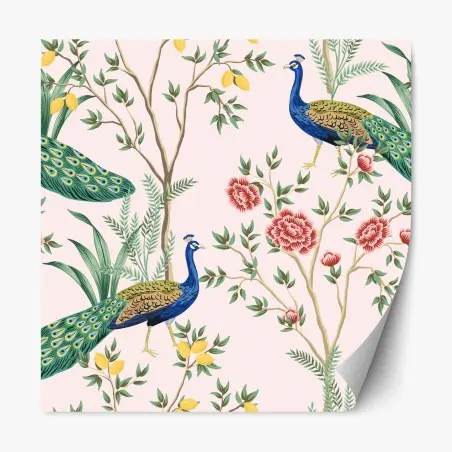 Pegatina reposicionable pavos reales y flores sobre fondo rosa – Pixers®