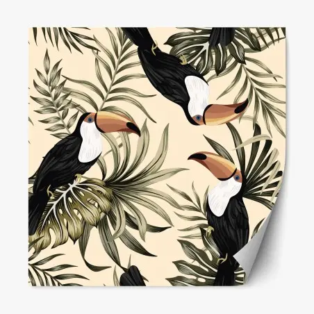 Pegatina reposicionable tucanes y hojas tropicales sobre fondo beige – Pixers®