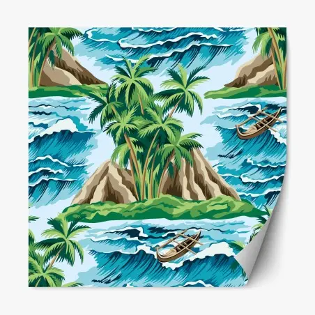 Pegatina reposicionable paisaje tropical con palmeras y olas – Pixers®