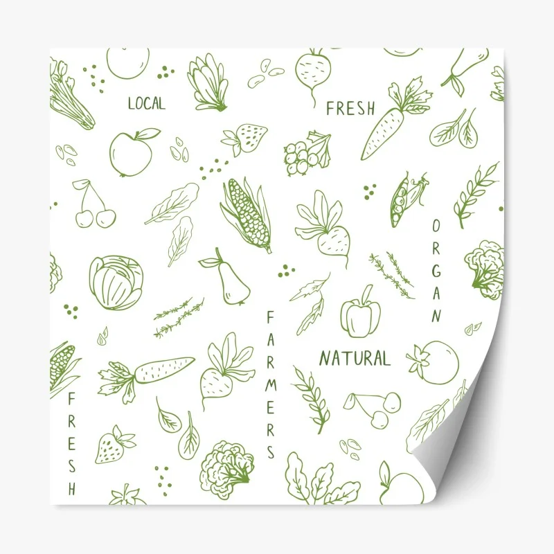 Pegatina reposicionable diseño orgánico de frutas y verduras en trazos verdes
