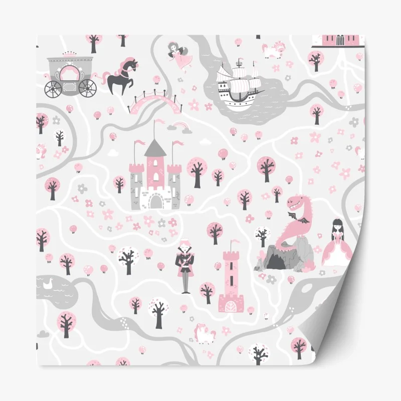 Pegatina reposicionable mapa de cuento de hadas en rosa y gris