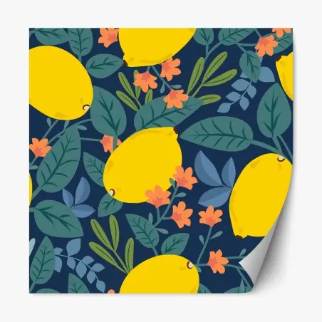 Pegatina reposicionable estampado de limones y hojas sobre fondo azul – Pixers®