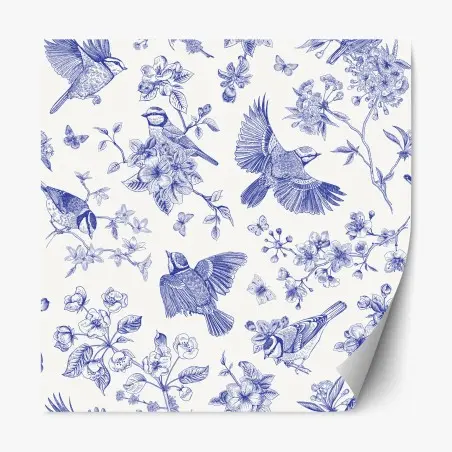 Pegatina reposicionable patrón botánico de aves en tinta azul – Pixers®