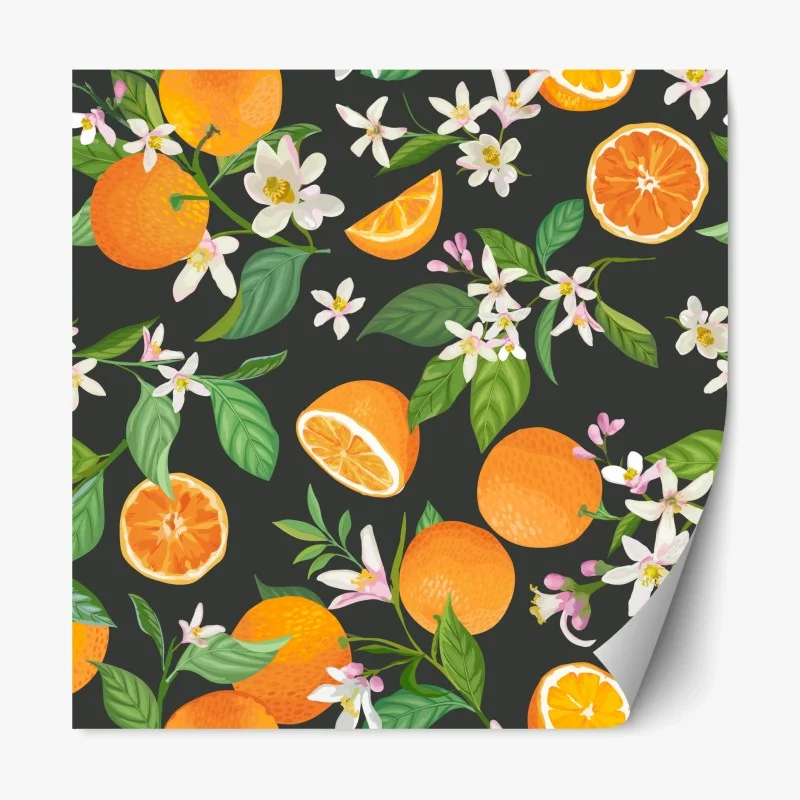 Pegatina reposicionable estampado de naranjas y flores sobre fondo oscuro