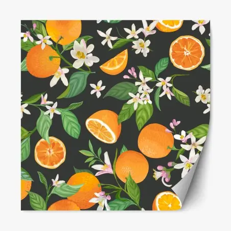 Pegatina reposicionable estampado de naranjas y flores sobre fondo oscuro – Pixers®