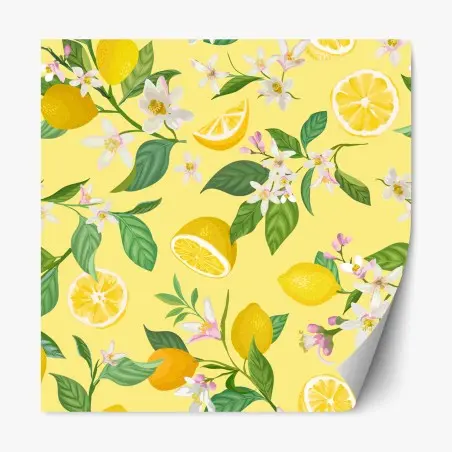 Pegatina reposicionable estampado botánico de limones y flores sobre fondo amarillo – Pixers®
