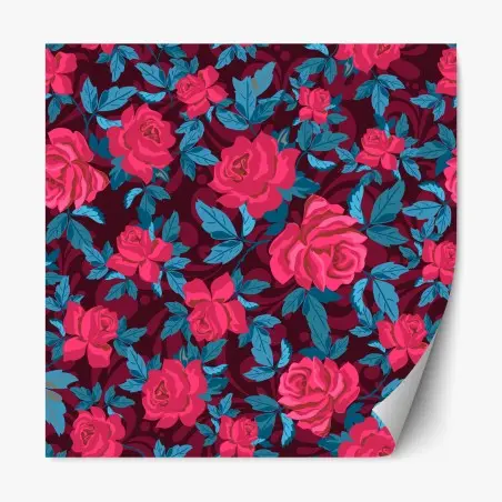Pegatina reposicionable patrón floral de rosas en tonos burdeos y azul – Pixers®