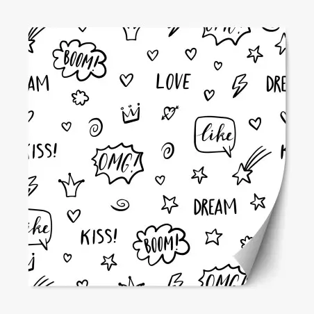 Pegatina reposicionable patrón doodle en blanco y negro con frases y símbolos – Pixers®