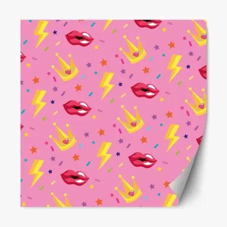 Pegatina reposicionable estampado pop de coronas y labios sobre fondo rosa – Pixers®