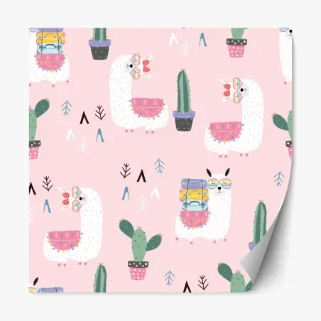 Pegatina reposicionable estampado infantil de llamas y cactus en rosa pastel – Pixers®