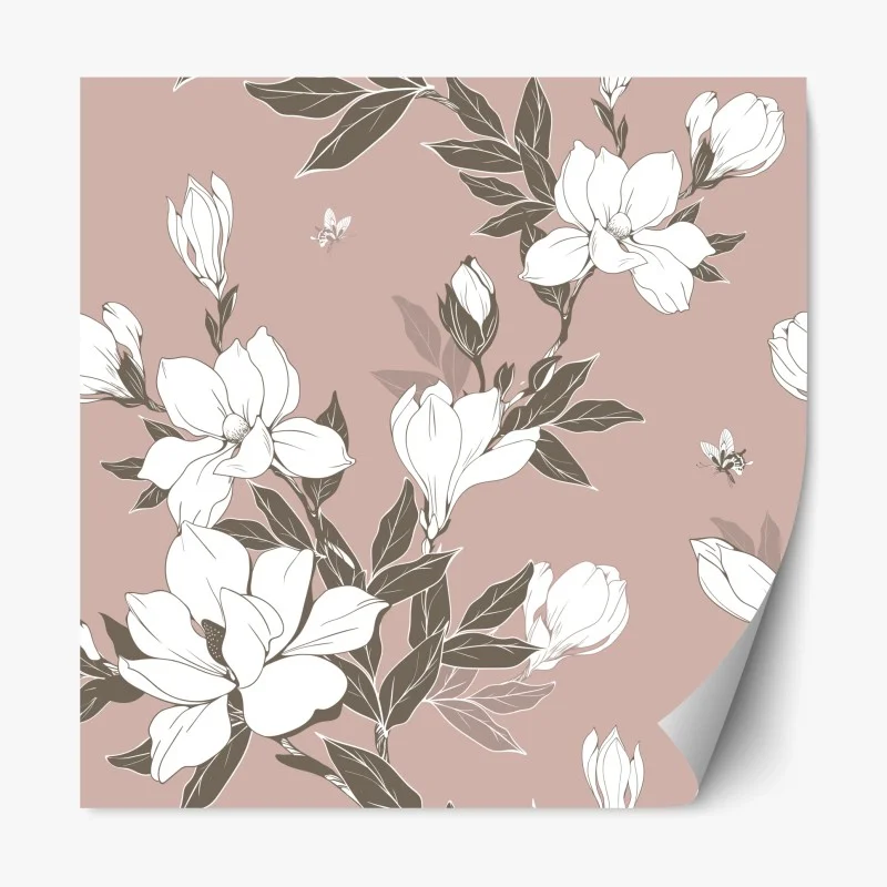 Pegatina reposicionable fondo floral de magnolias en rosa empolvado