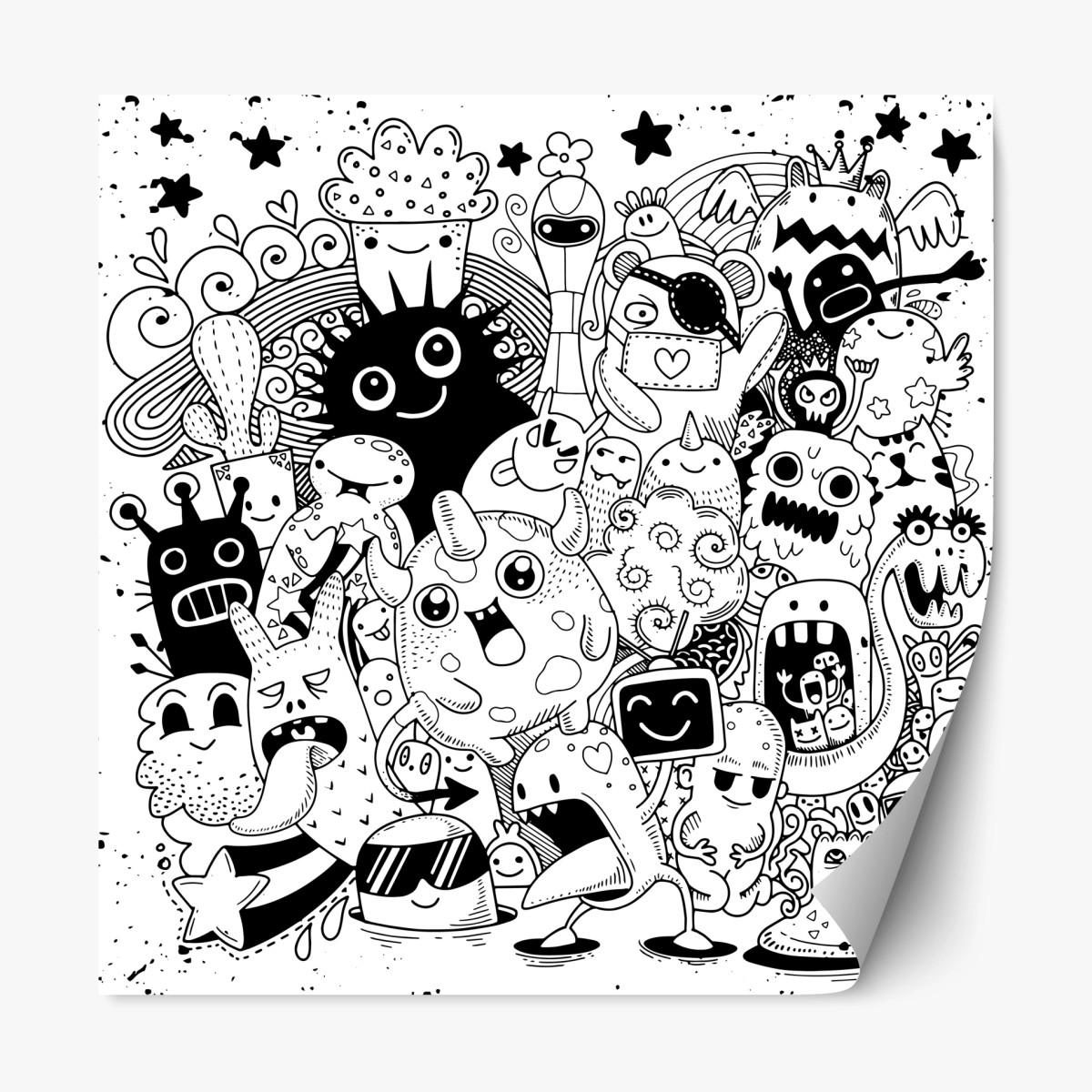 Pegatina reposicionable explosión de personajes doodle en blanco y negro – Pixers®