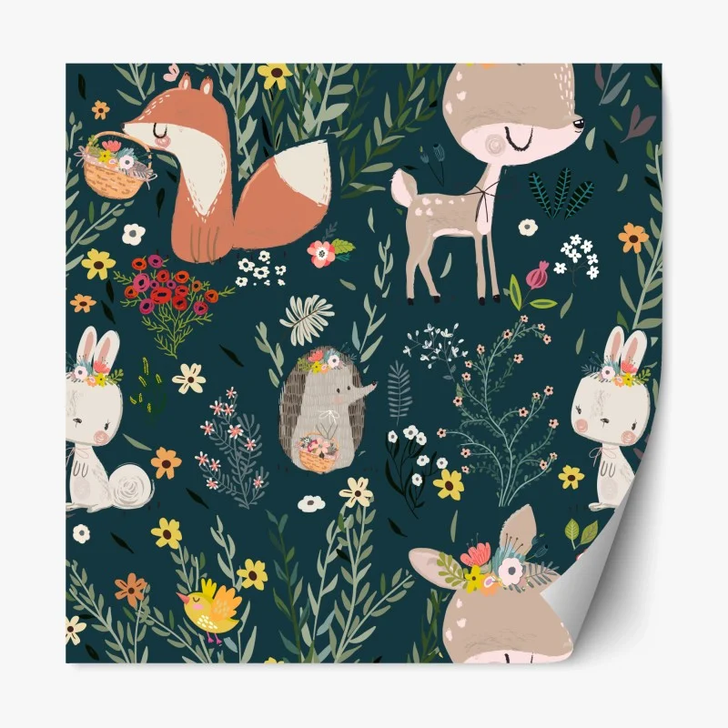 Pegatina reposicionable estampado infantil de animales del bosque con flores