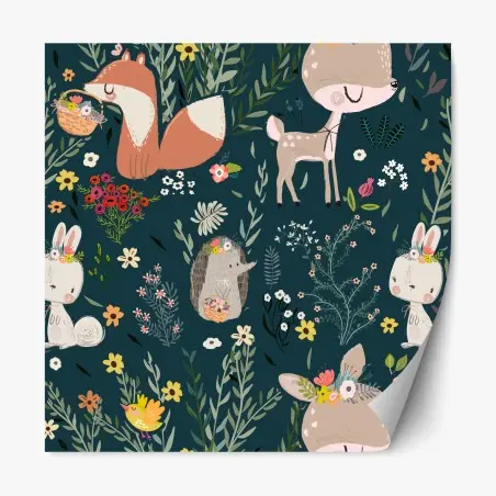 Pegatina reposicionable estampado infantil de animales del bosque con flores – Pixers®
