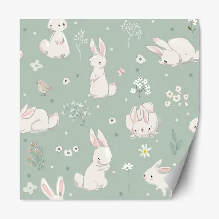 Pegatina reposicionable conejitos y flores en tonos pastel – Pixers®
