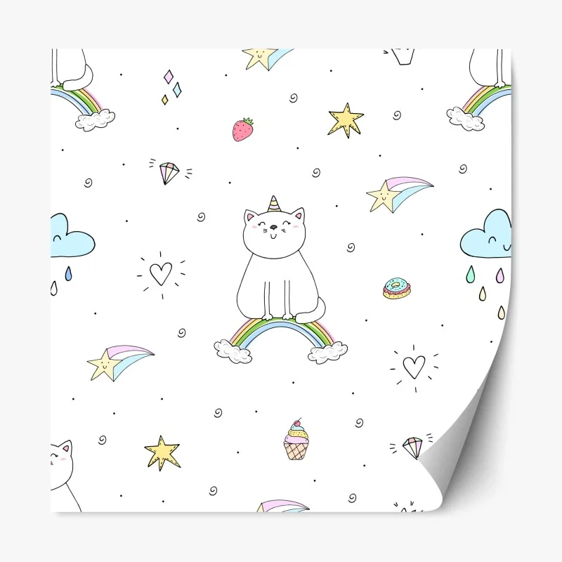 Pegatina reposicionable patrón de gatos unicornio y arcoíris en estilo kawaii
