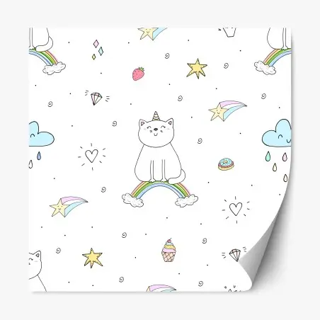 Pegatina reposicionable patrón de gatos unicornio y arcoíris en estilo kawaii – Pixers®