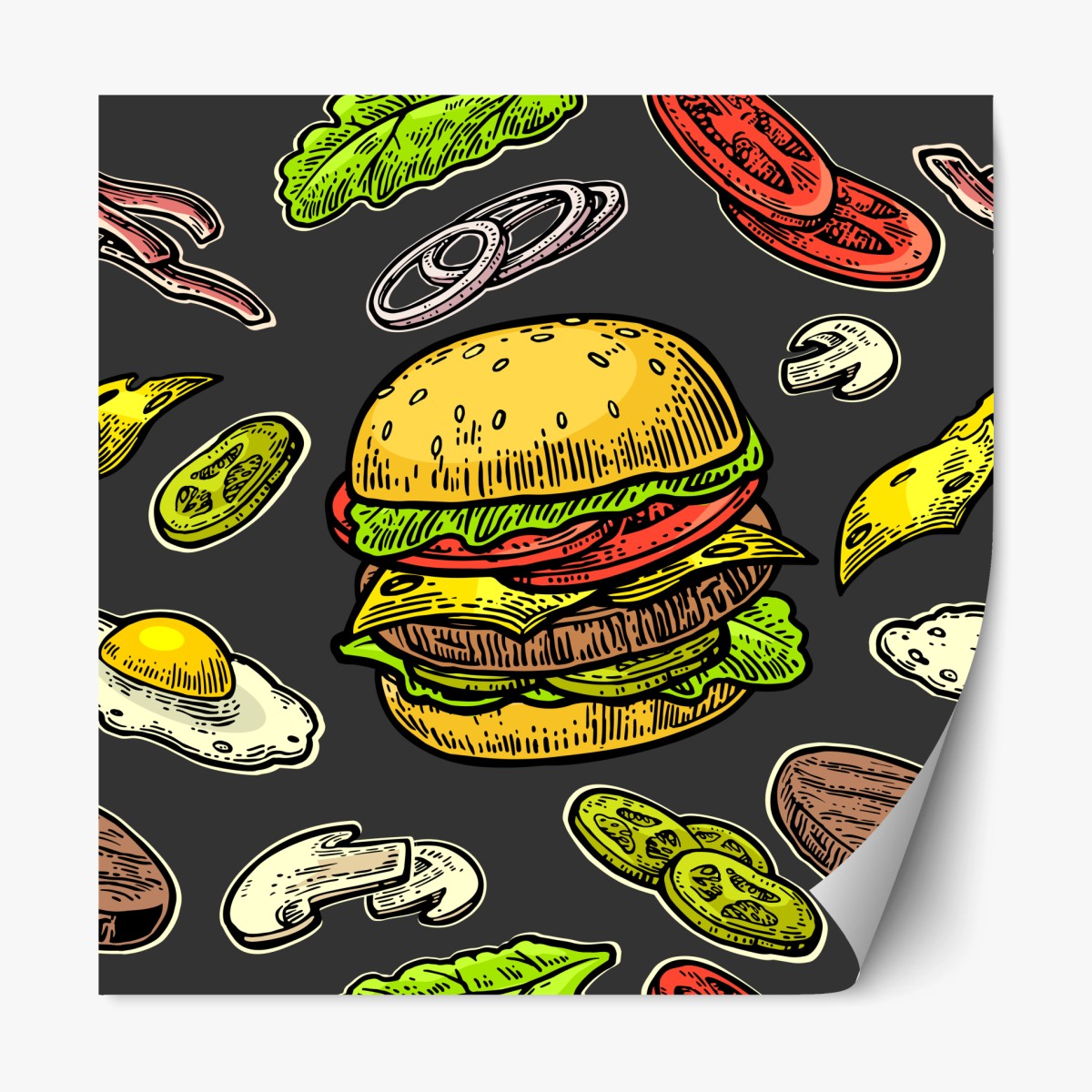 Pegatina reposicionable patrón retro de hamburguesas y ingredientes – Pixers®