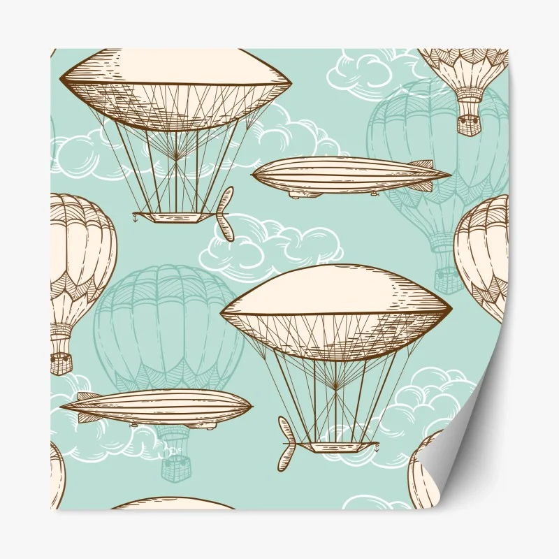 Pegatina reposicionable diseño retro de globos aerostáticos y dirigibles sobre fondo turquesa