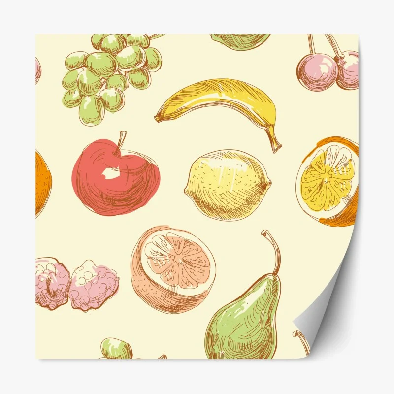 Pegatina reposicionable patrón de frutas dibujadas a mano en tonos pastel