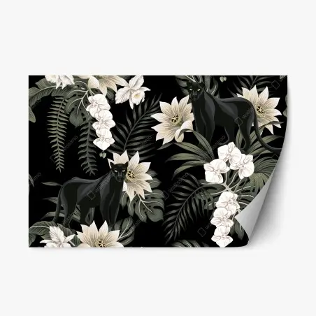 Pegatina reposicionable panteras negras entre orquídeas y hojas tropicales – Pixers®