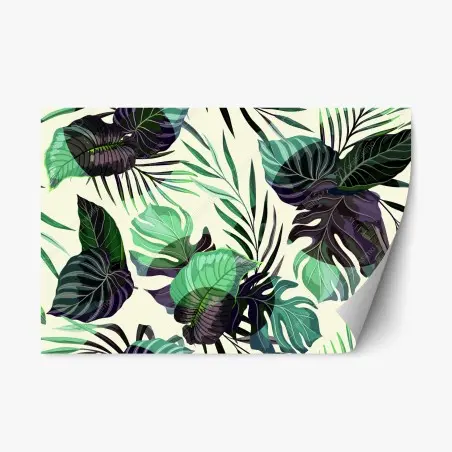 Pegatina reposicionable estampado de hojas tropicales en verde y morado – Pixers®