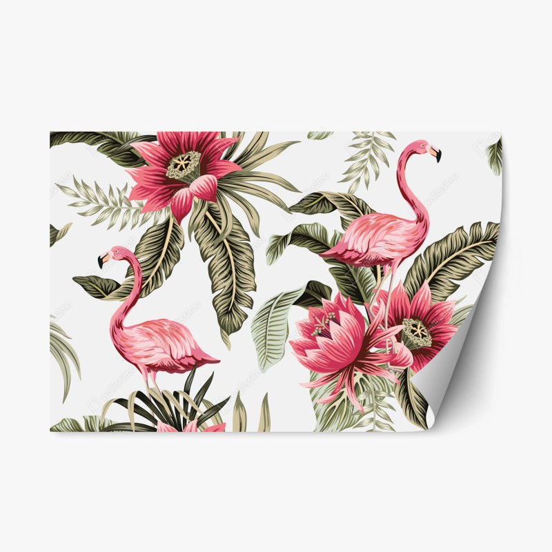 Pegatina reposicionable estampado tropical con flamencos y flores exóticas