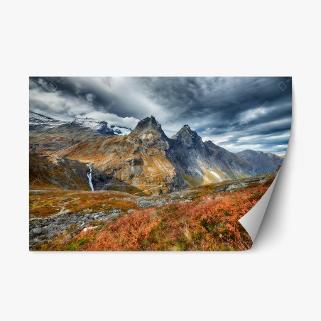 Pegatina reposicionable paisaje otoñal entre picos escarpados – Pixers®
