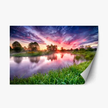 Pegatina reposicionable amanecer vibrante sobre el río – Pixers®