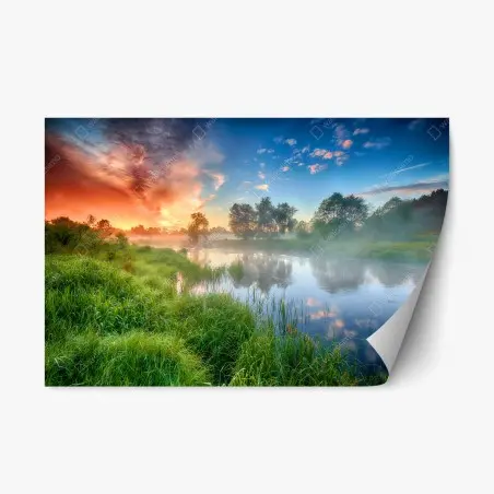 Pegatina reposicionable amanecer dorado en la ribera del río – Pixers®