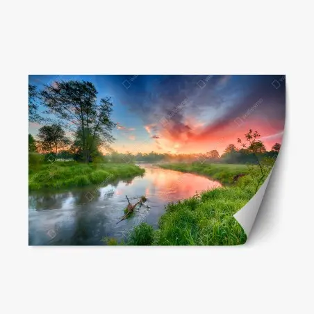 Pegatina reposicionable amanecer sereno en la ribera del río – Pixers®
