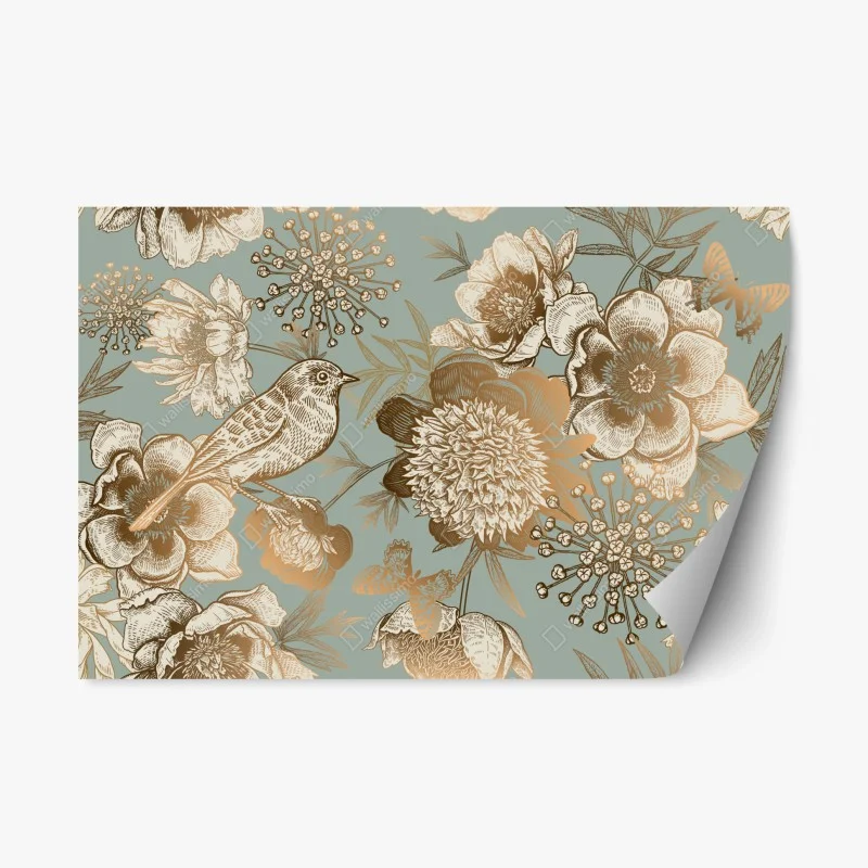 Pegatina reposicionable diseño botánico vintage con pájaro y mariposas
