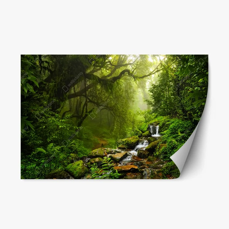 Pegatina reposicionable bosque esmeralda con cascada y sendero místico