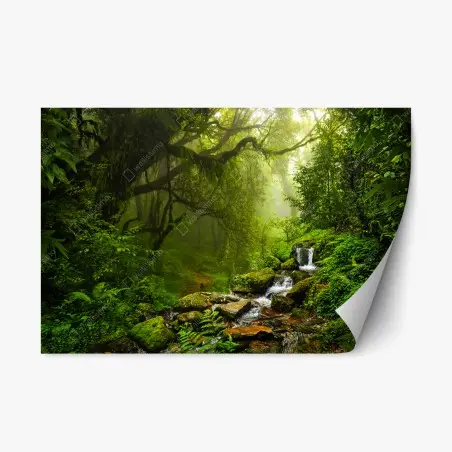 Pegatina reposicionable bosque esmeralda con cascada y sendero místico – Pixers®