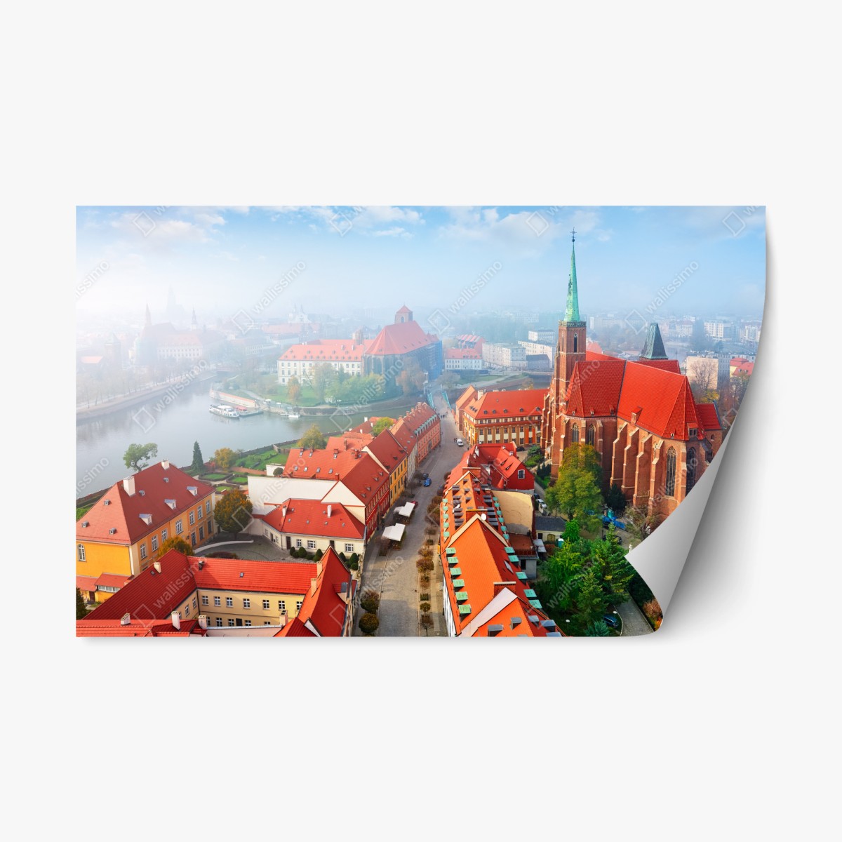 Pegatina reposicionable paisaje urbano histórico con tejados rojos y catedral gótica – Pixers®