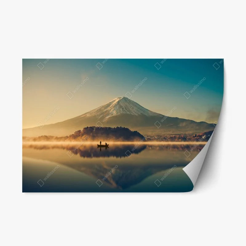 Pegatina reposicionable amanecer vintage en Lago Kawaguchiko con Monte Fuji