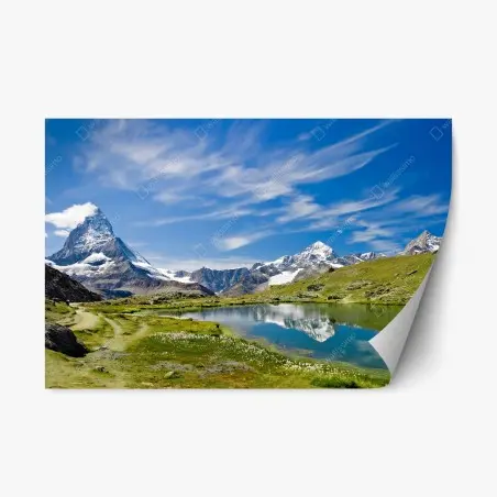 Pegatina reposicionable paisaje alpino con lago sereno y cima nevada – Pixers®