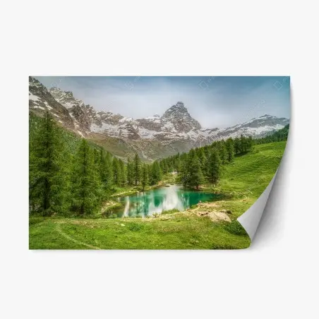 Pegatina reposicionable sereno lago azul en Cervinia, paisaje alpino – Pixers®